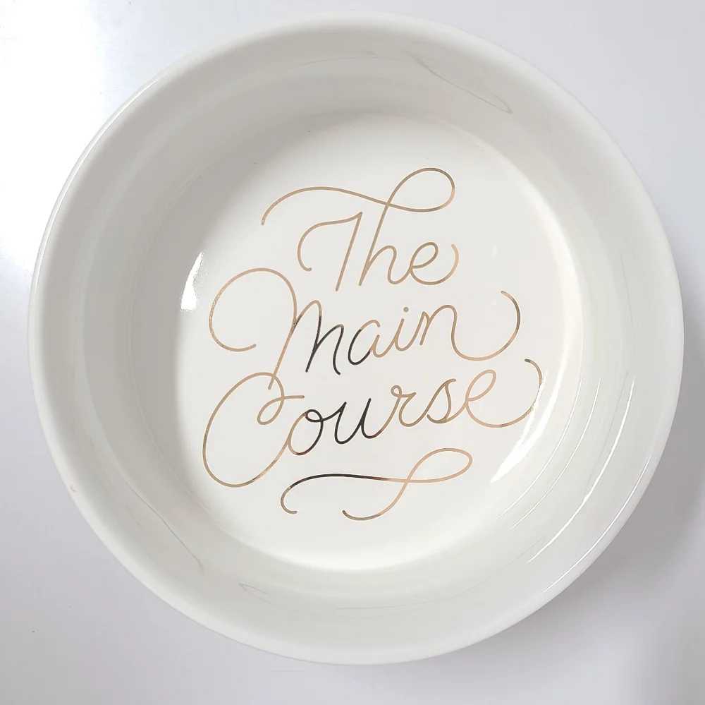 Brass Monkey Main Course White with Gold Script Ceramic Pet Food Bowl New in Box